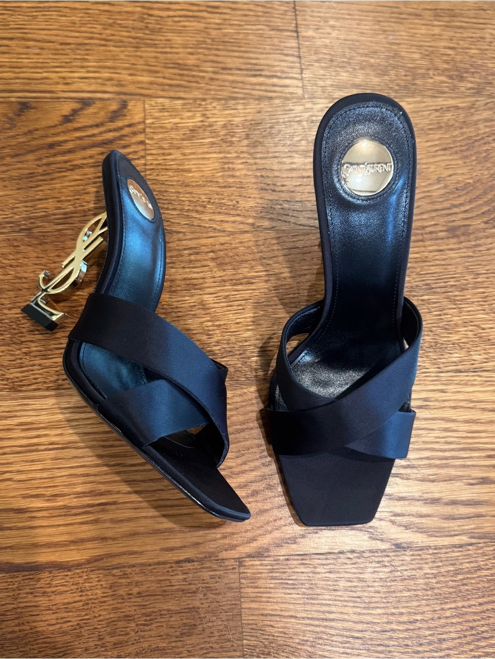 YSL Saint Laurent Women’s EU 38 | US 8 Black Opyum Mules with Gold YSL Heel